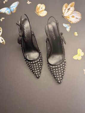 TOP Moda Black Pointed Slingback Heels with Silver Studs